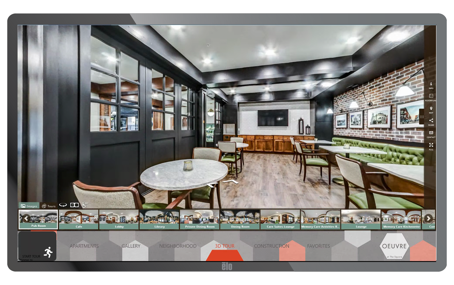 Pynwheel touchscreen showcasing 3D tour of apartment community- Expressionist design