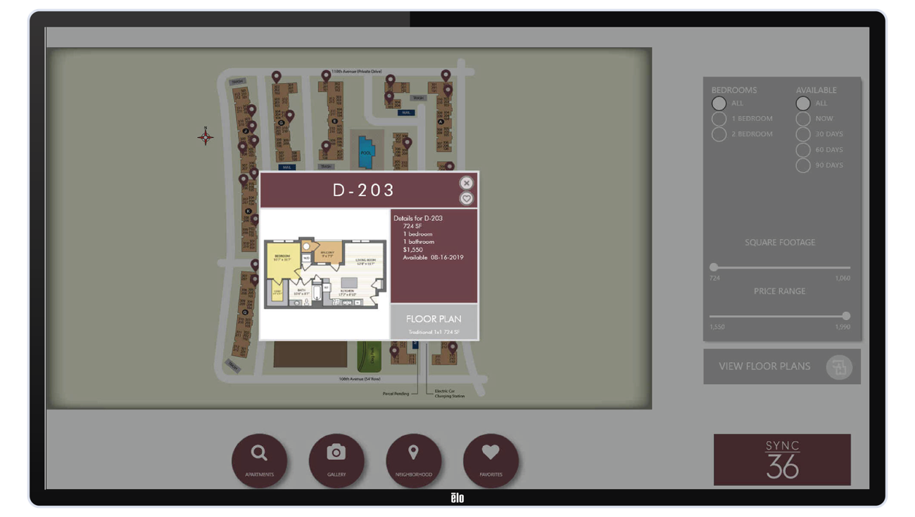 Pynwheel touchscreen site map page of Modernist design with a pop up window of an apartment floor plan