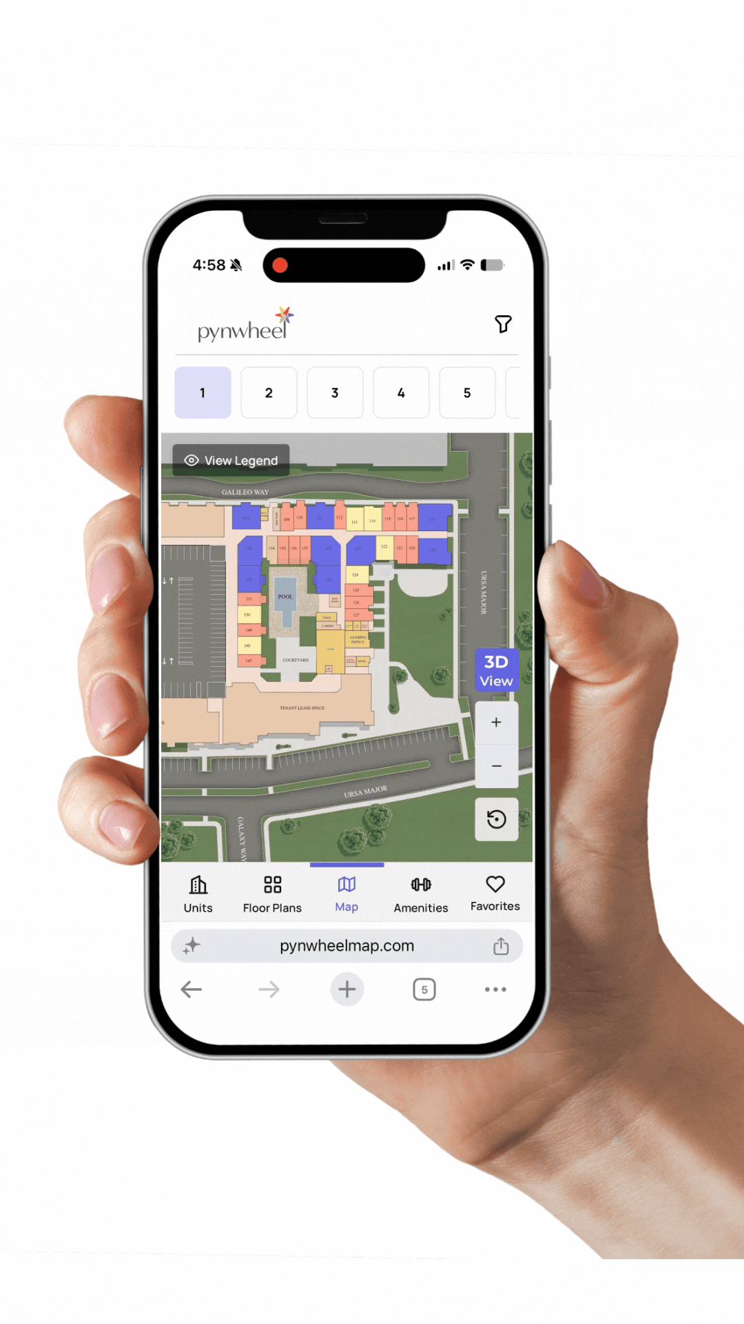 Hand holding a smartphone displaying the Pynwheel Map apartment floor plan and navigation options.