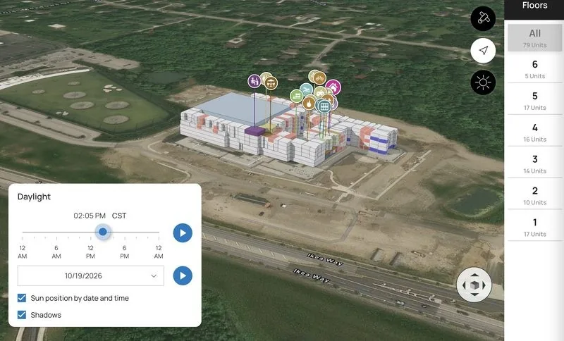 Pynwheel 3D property map over satellite imagery with the sunlight exposure tool set to a date and time