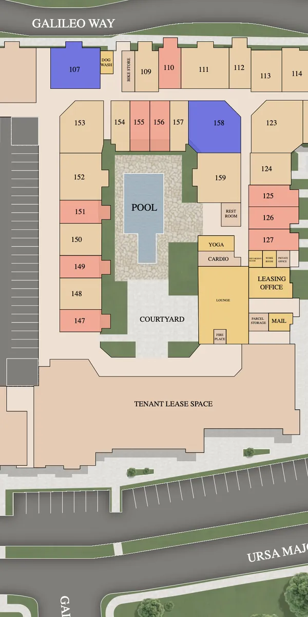 Pynwheel interactive property map on a phone, with apartment units color-coded by floor plan around the pool and courtyard