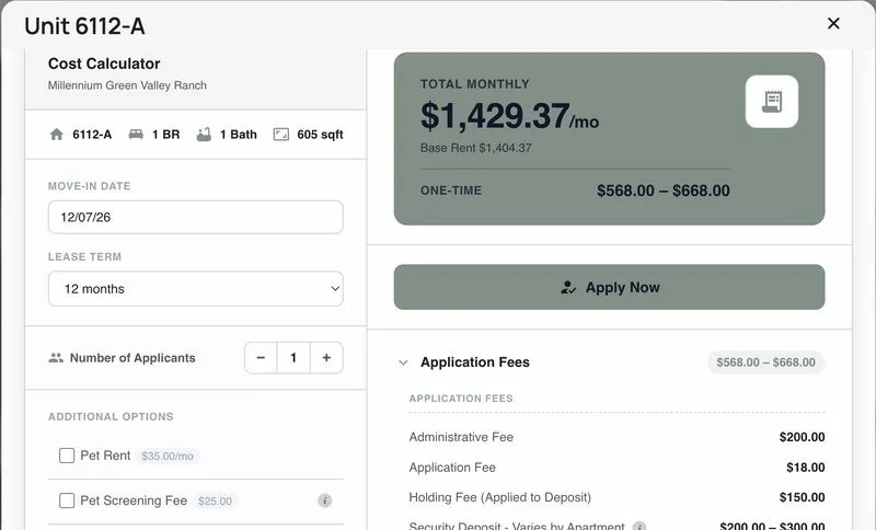 Pynwheel rent calculator showing move-in date, lease term, applicants, add-ons, one-time fees and total monthly cost